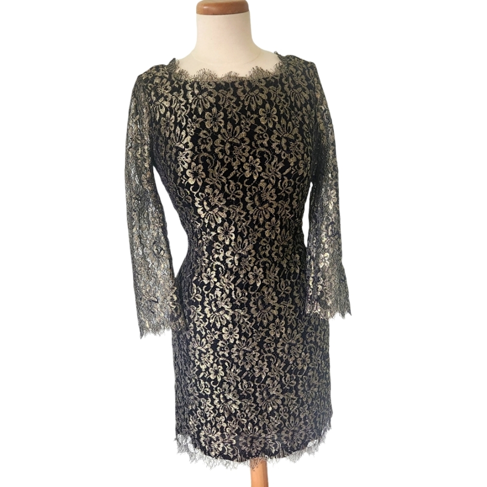 Diane Von Furstenberg DVF Zarita Dress Sz 10 Black Gold Lace Party Wedding - Picture 1 of 9